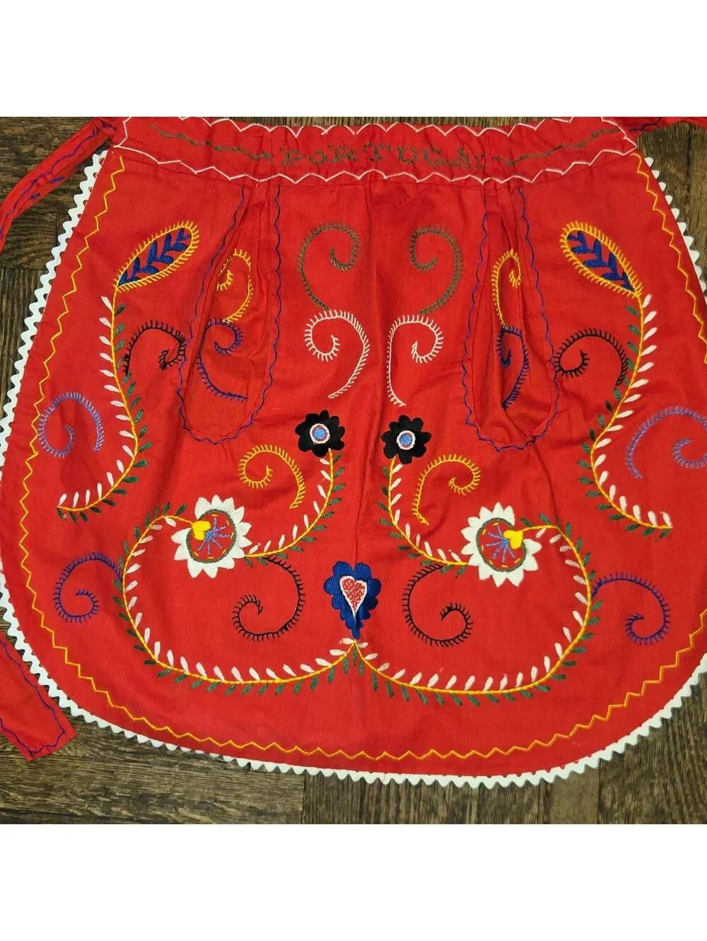 Vtg Portugal Handmade Red Embroidered Apron SM Adult Childs Pockets Traditional